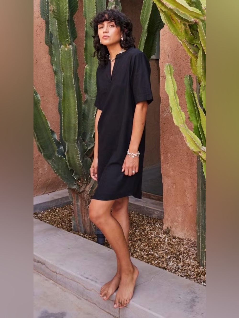 ICHI IHLINO Linen Day Dress Minimal Black Split-Neck Shift Dress Euro Summer - Picture 9 of 15